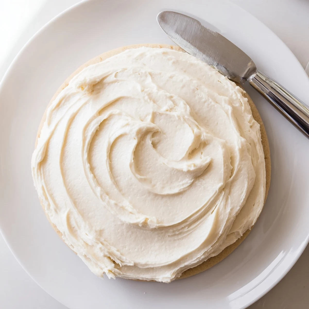 Creamy Easy Sugar Cookie Frosting in a bowl with a spatula, ready to spread on cooled cookies.