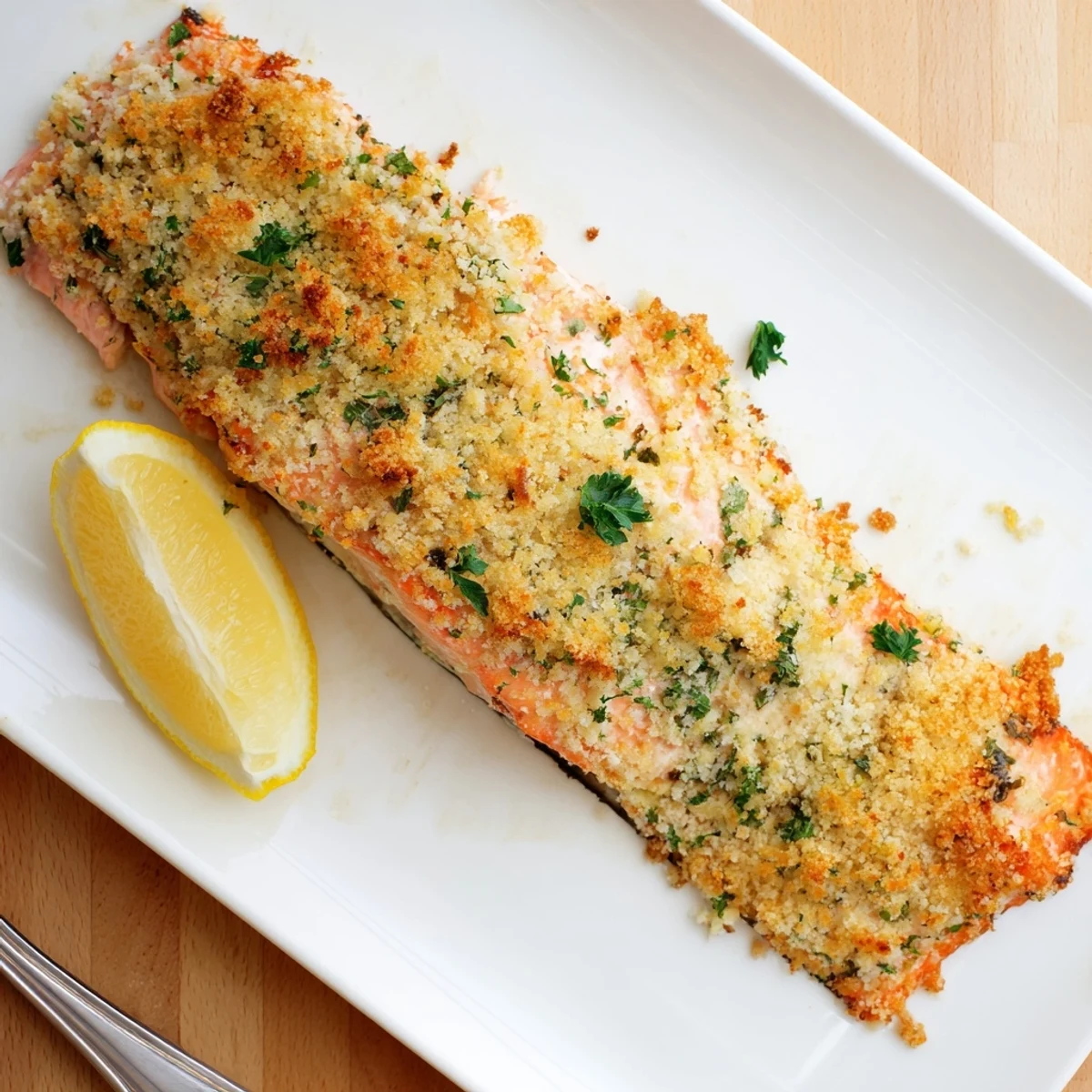 Freshly baked salmon fillets with a golden, crunchy Parmesan crust from the Irresistibly Crispy Parmesan Salmon Bake, garnished with lemon wedges.