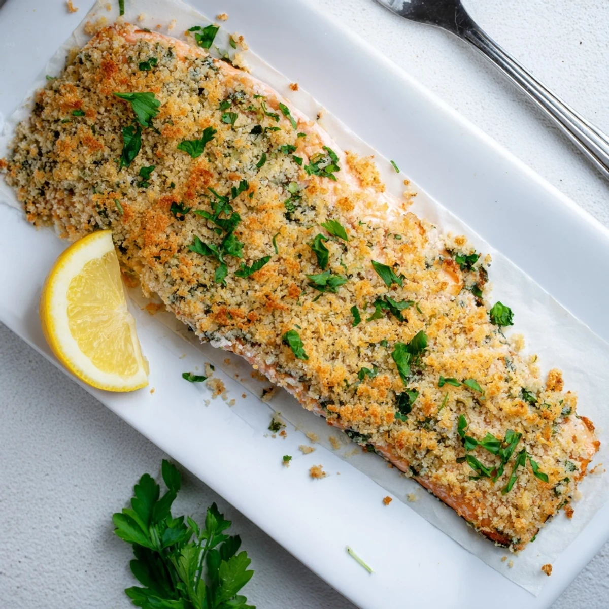Golden-brown Irresistibly Crispy Parmesan Salmon Bake resting on a baking tray, ready to be served with a bright squeeze of lemon.