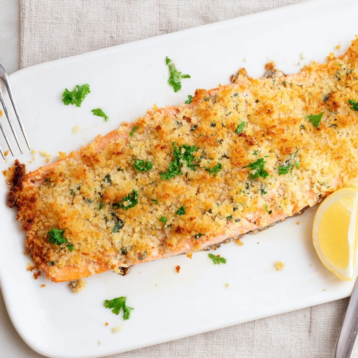Irresistibly Crispy Parmesan Salmon Bake served on a plate, revealing flaky, tender fish beneath a savory, buttery breadcrumb topping.