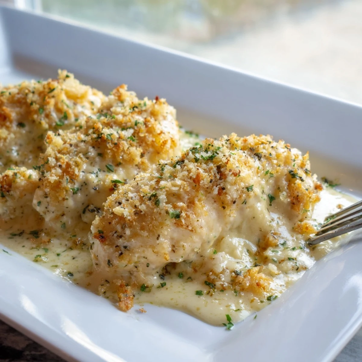 Golden-brown Melt In Your Mouth Chicken breasts with creamy Parmesan sauce, garnished with fresh parsley on a serving plate.
