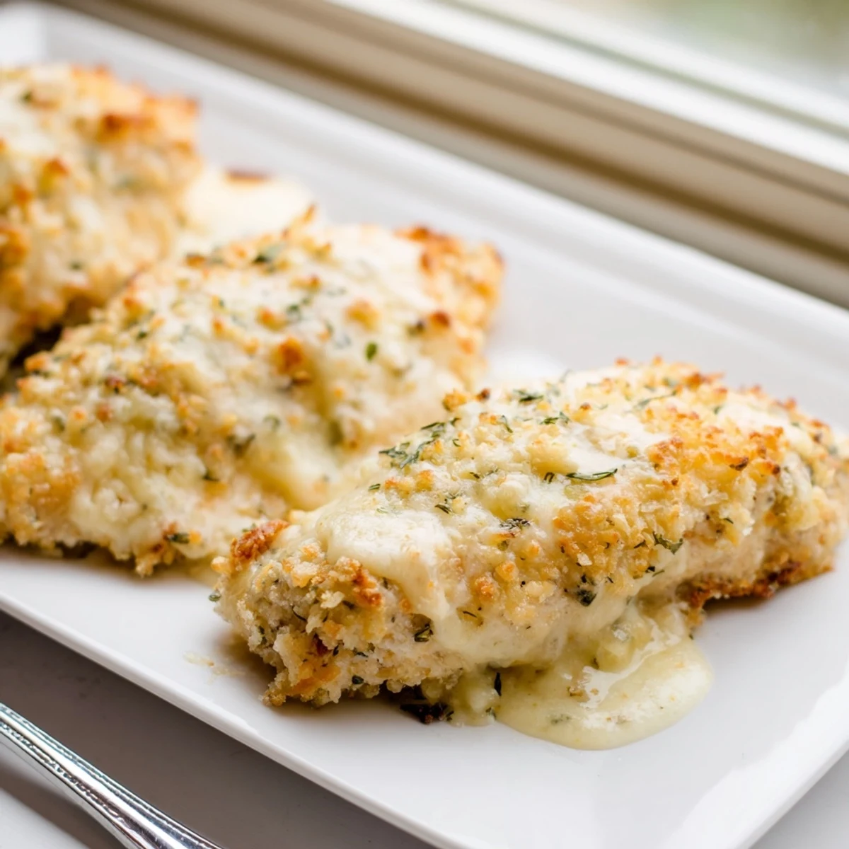 A close-up of Melt In Your Mouth Chicken showcasing the bubbly, baked topping with herbs and savory chicken beneath.