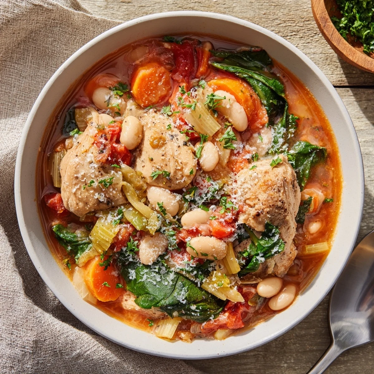 A hearty Tuscan Slow Cooker Chicken Stew with tender chicken and creamy cannellini beans served in a rustic bowl.