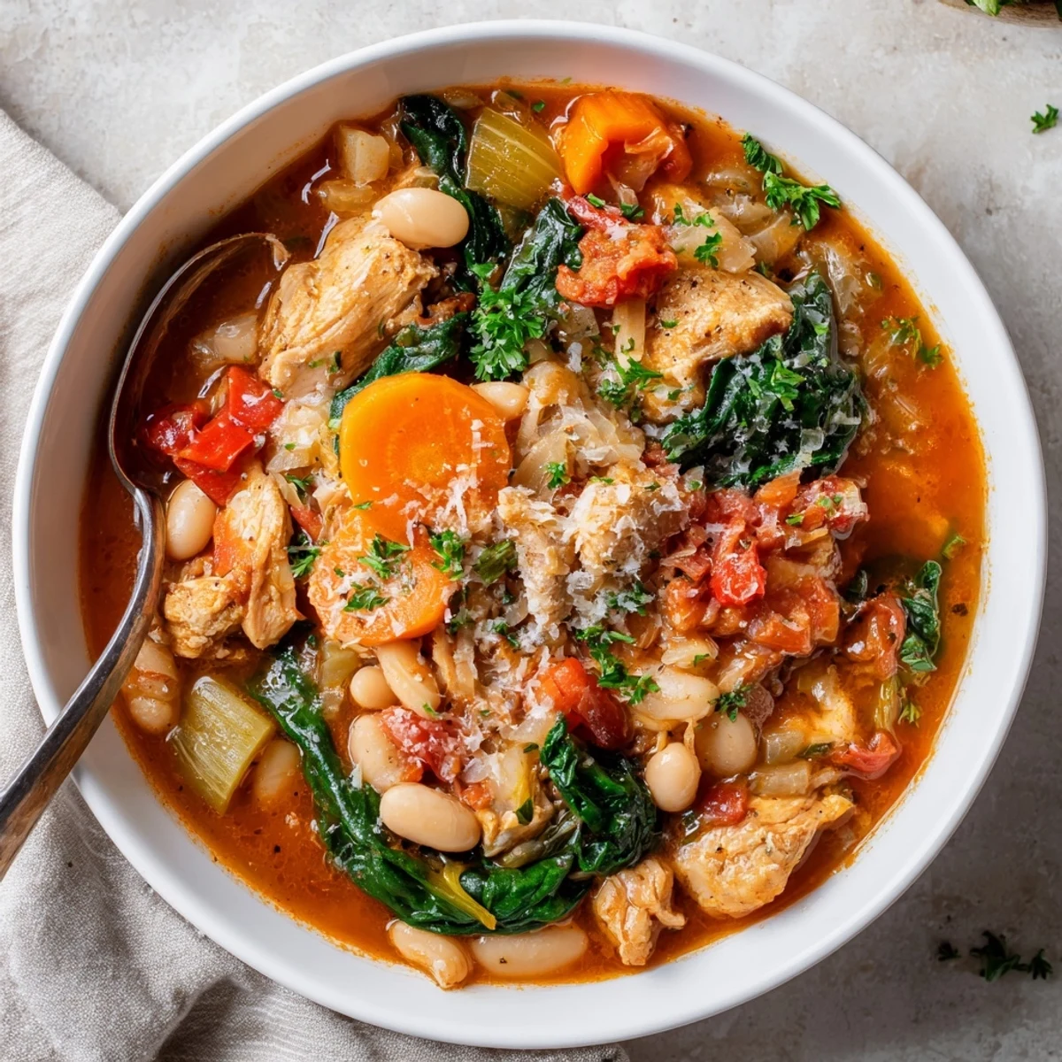 Warm and comforting Tuscan Slow Cooker Chicken Stew bubbling in a slow cooker with aromatic herbs and vibrant vegetables.