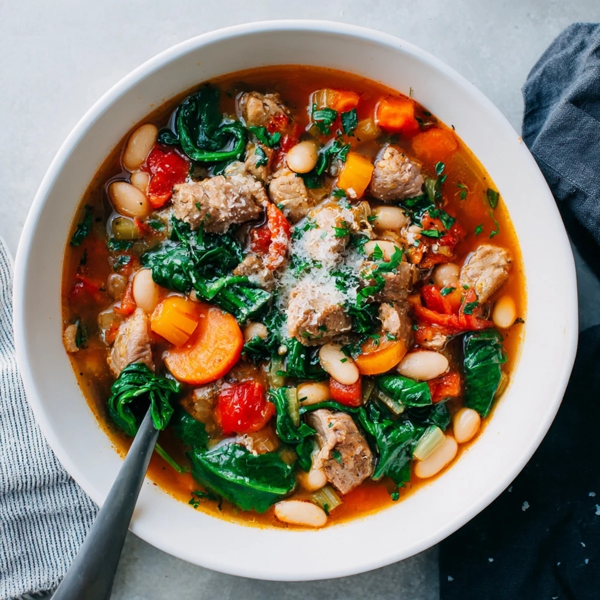 A rustic bowl of Tuscan Slow Cooker Chicken Stew garnished with fresh parsley and melted Parmesan, ready to serve.