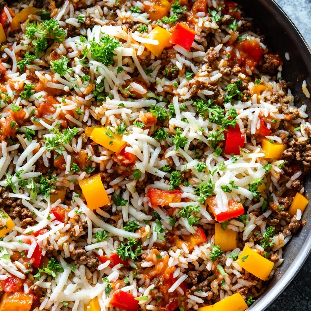 Steaming Unstuffed Pepper Skillet in a skillet with melted mozzarella and fresh parsley garnish.