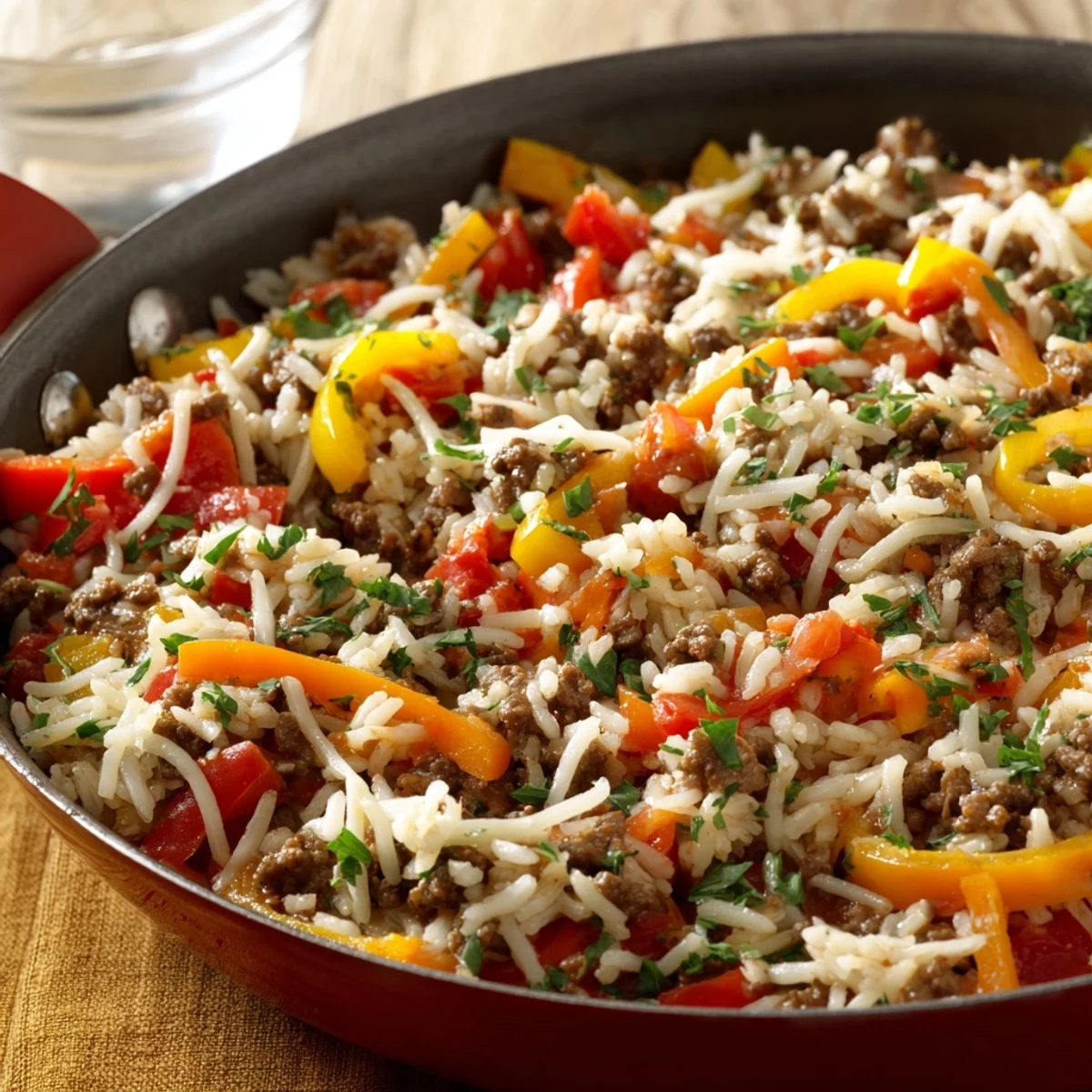 A close-up of Unstuffed Pepper Skillet topped with melted cheese and fresh parsley garnish.