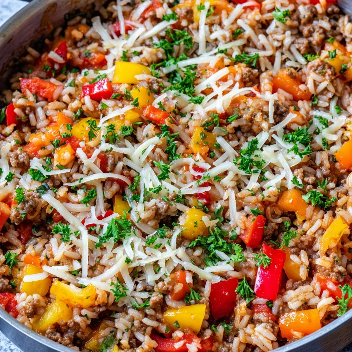 Hearty Unstuffed Pepper Skillet with ground beef, bell peppers, and rice, served hot.