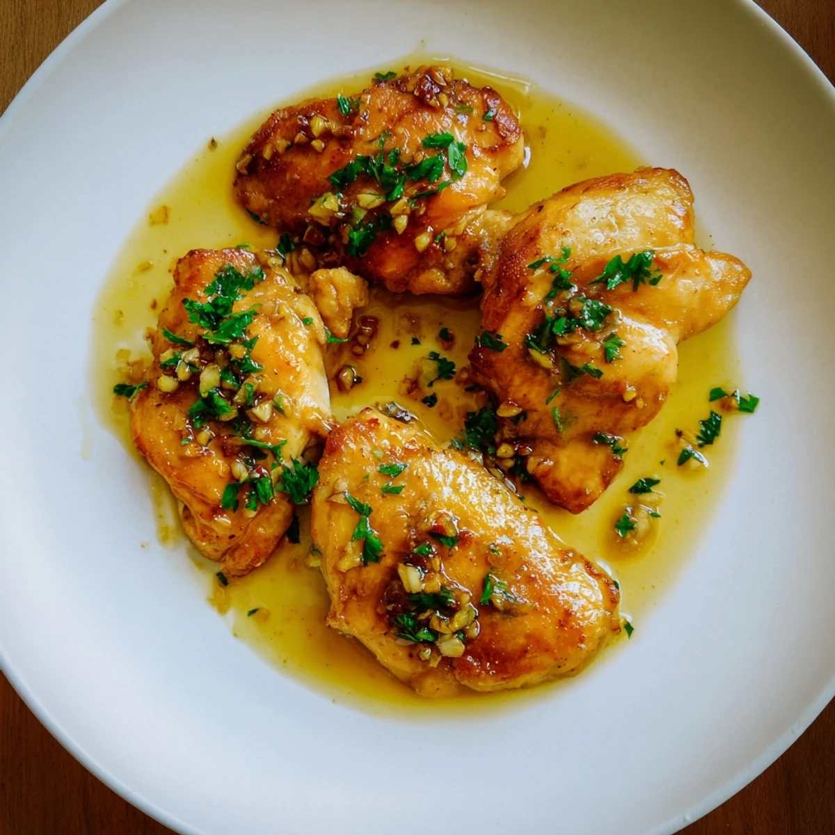 Golden-brown Garlic Butter Chicken breasts glistening with rich buttery sauce and fresh herbs on a white plate.