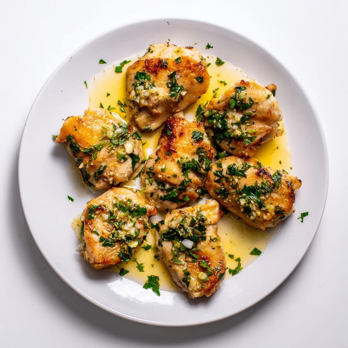 Close-up of Garlic Butter Chicken, sautéed in a skillet with minced garlic and parsley garnish.