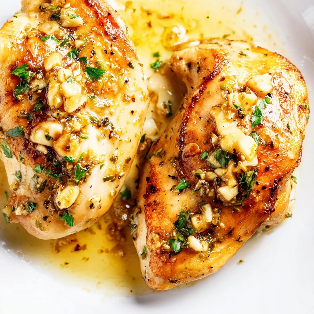 Golden-brown seared Garlic Butter Chicken breasts glistening in rich garlic butter sauce, ready to serve over mashed potatoes.