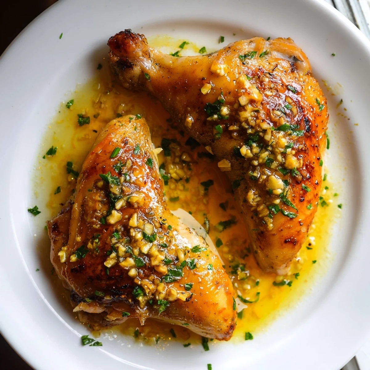 Juicy Garlic Butter Chicken pieces bathed in luscious sauce with fresh parsley, paired with steamed green beans on a plate.