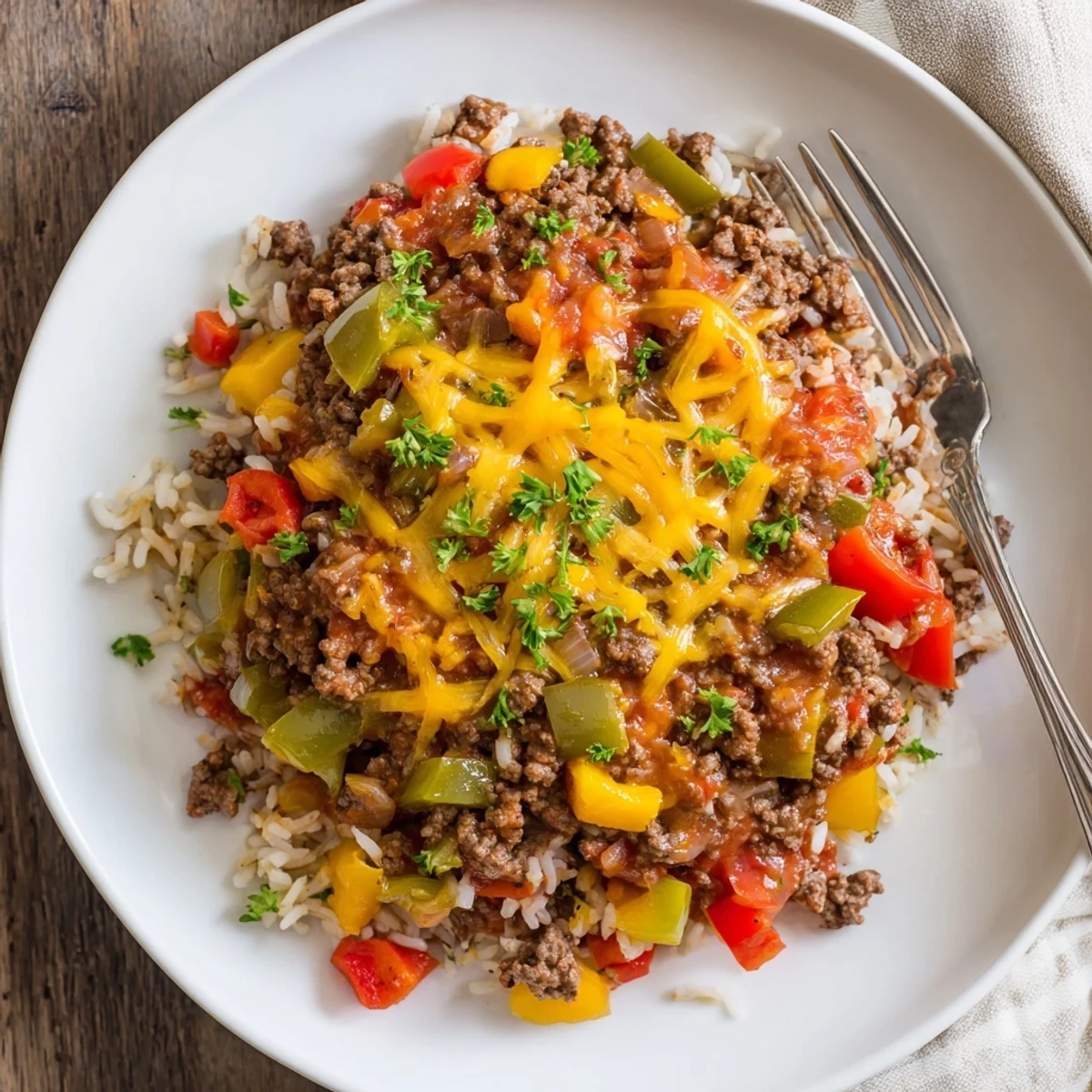 Close-up of Unstuffed Pepper Skillet showing tender bell peppers and ground beef in tomato sauce.