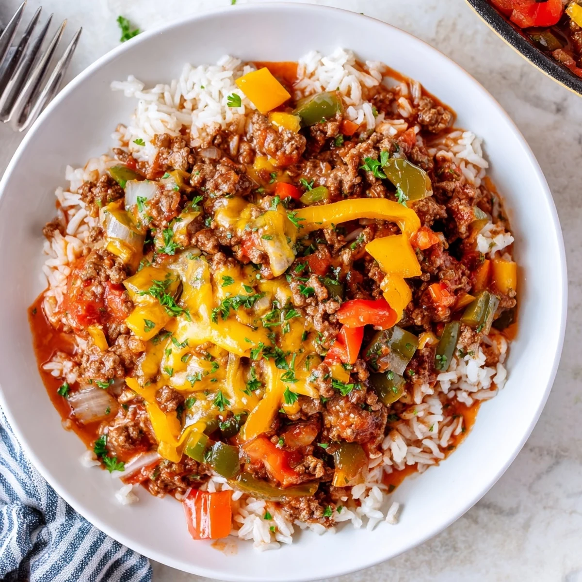 A hearty skillet of Unstuffed Pepper Skillet with melted cheddar cheese and fresh parsley garnish.