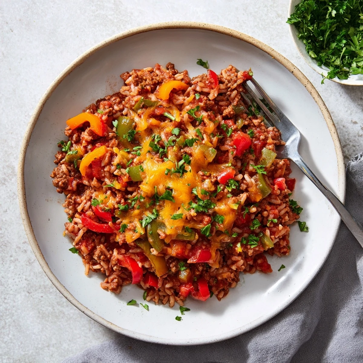 Colorful Unstuffed Pepper Skillet served in a rustic skillet with steam rising, perfect for dinner.