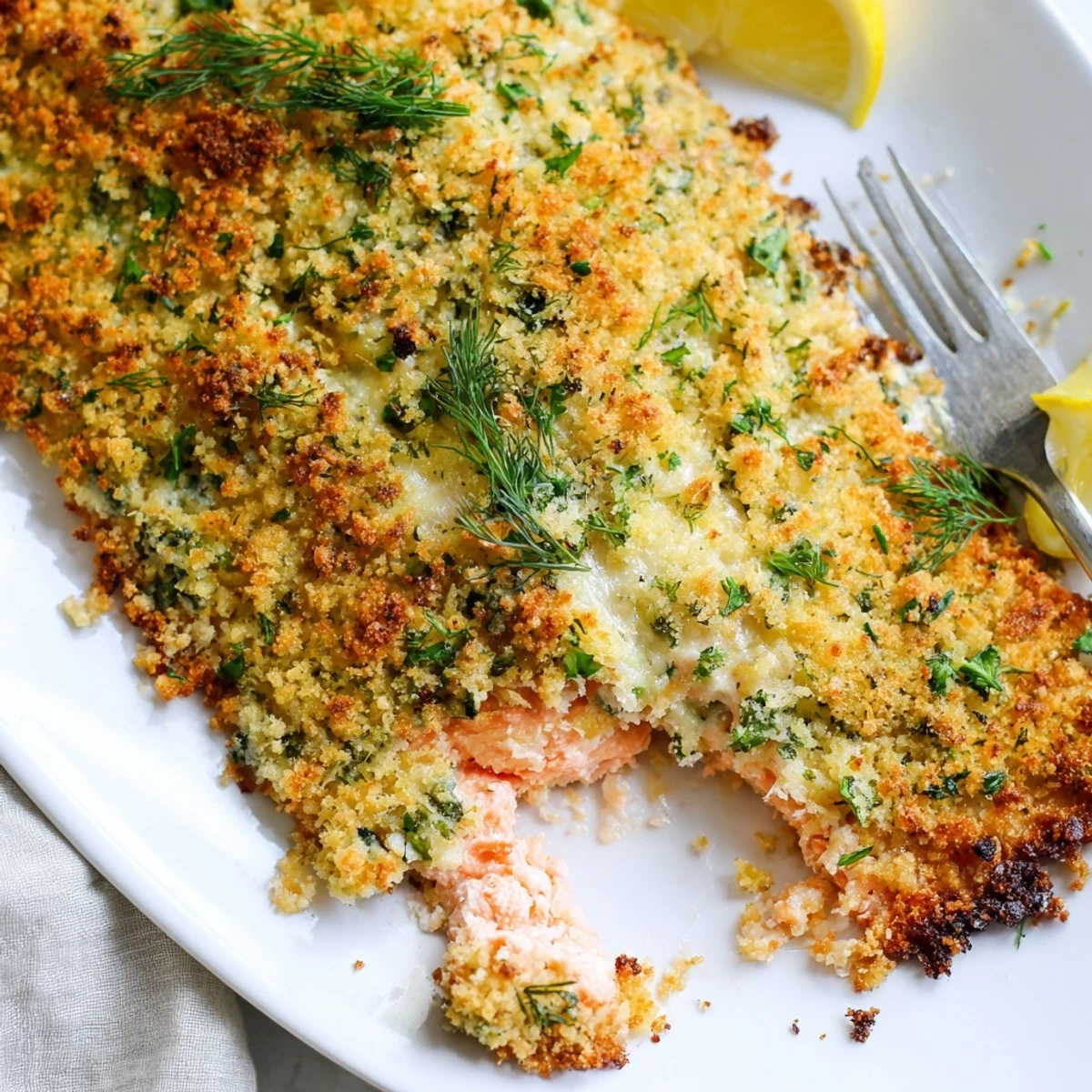 Freshly baked Irresistibly Crispy Parmesan Salmon fillets glisten with a golden, crunchy topping, ready to serve.