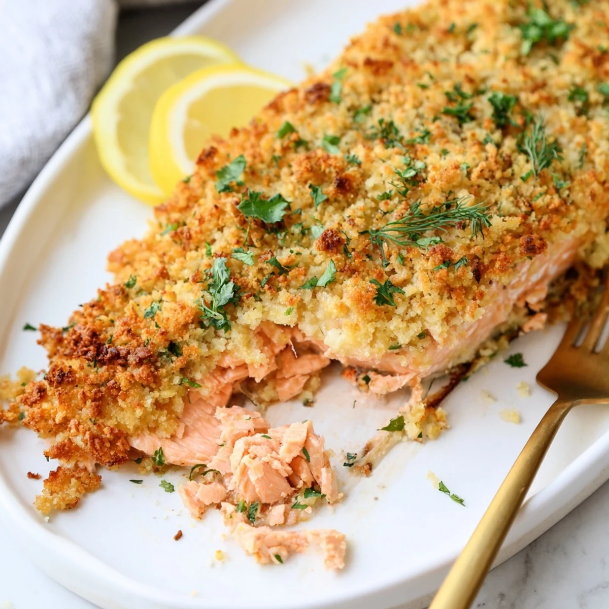 Irresistibly Crispy Parmesan Salmon Bake rests on a plate with lemon wedges, highlighting its tender, flaky texture.
