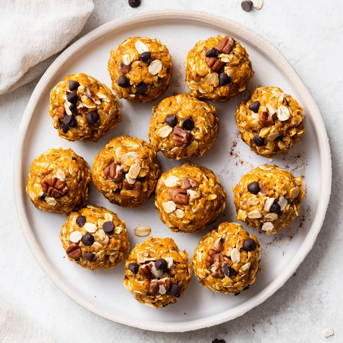 Chilled autumn No Bake High Protein Pumpkin Bites arranged on a marble platter ready to serve.