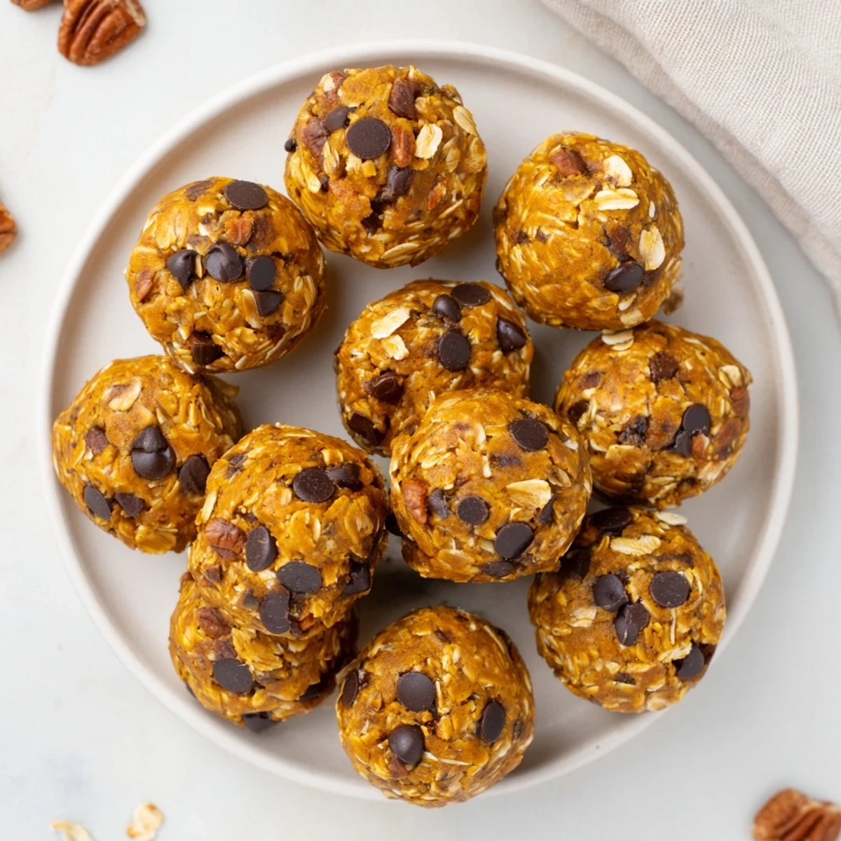 Golden brown No Bake High Protein Pumpkin Bites sprinkled with cinnamon on a rustic wooden board.