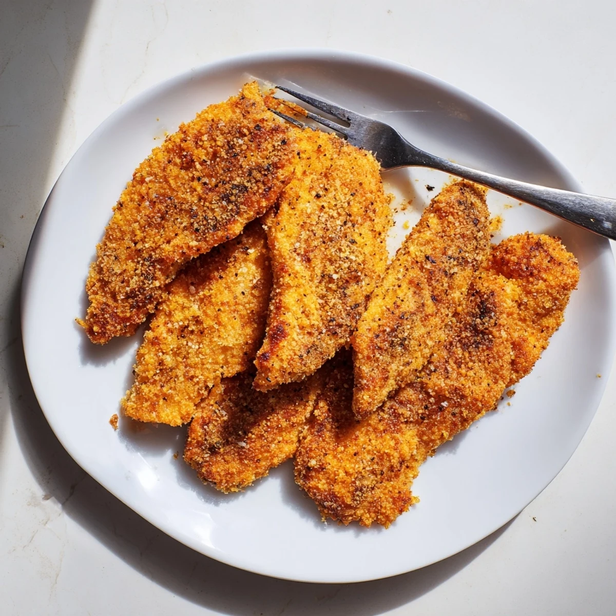 Golden brown Air Fryer Parmesan Crusted Chicken breasts resting on a rustic wooden board with fresh parsley garnish.