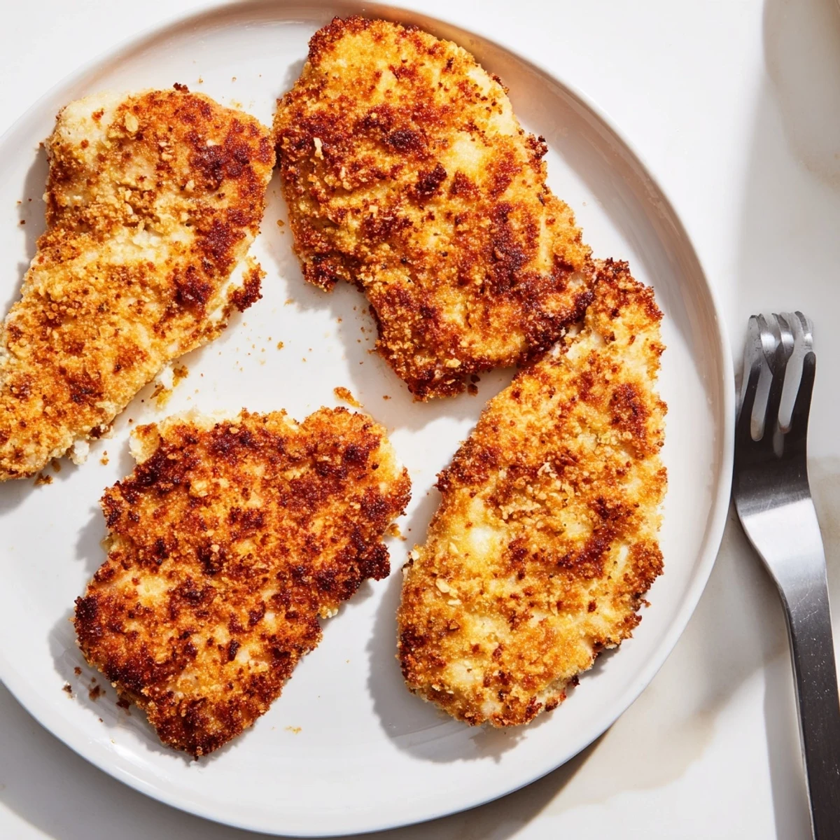 Sliced juicy Air Fryer Parmesan Crusted Chicken revealing a crispy golden panko and parmesan coating, served with lemon wedges.