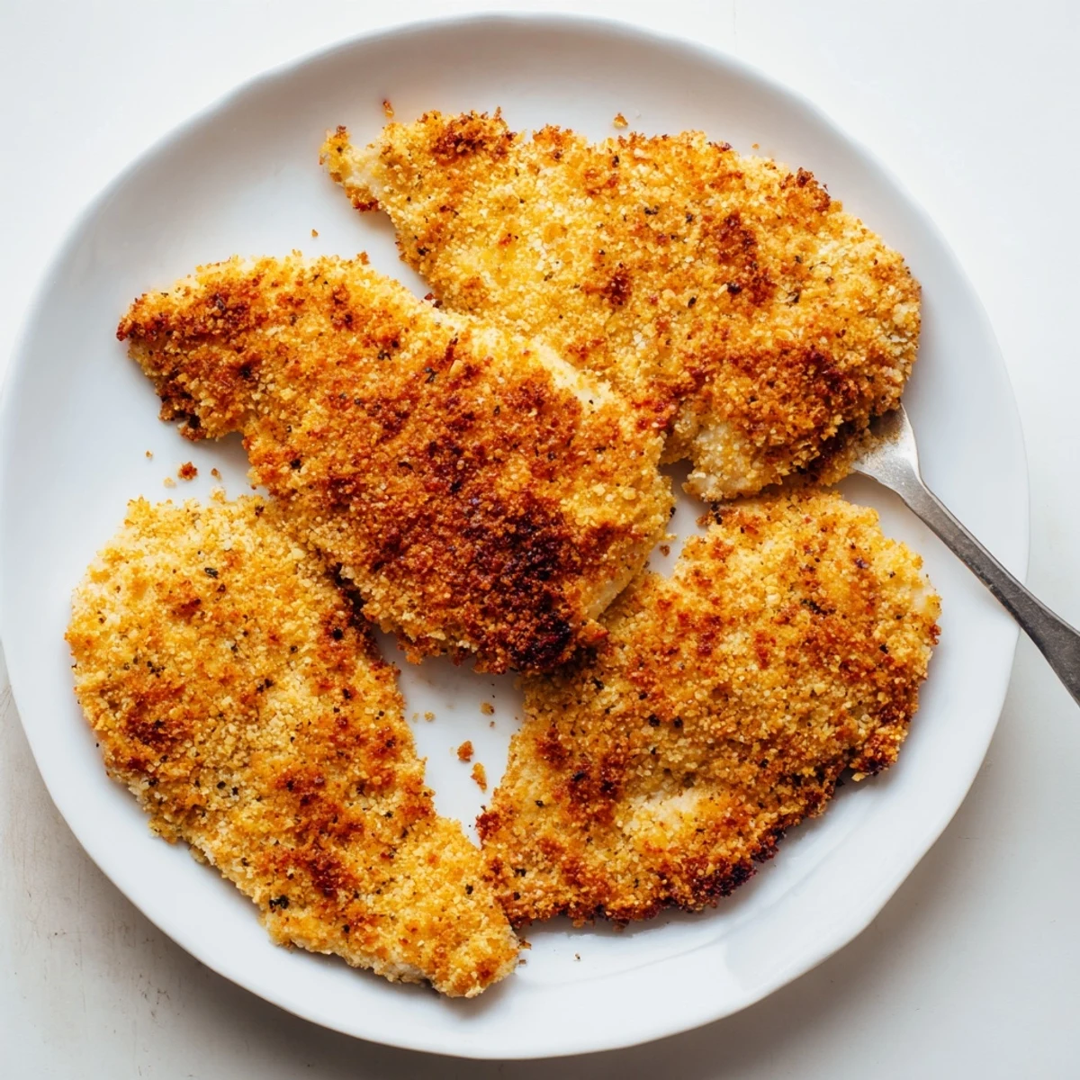 Close up of Air Fryer Parmesan Crusted Chicken cooked to perfection with a savory crust and olive oil glisten.