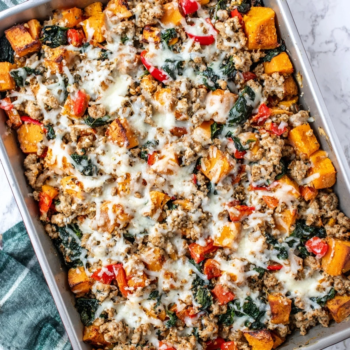 Golden bubbling mozzarella and Parmesan top this Ground Turkey Sweet Potato Bake, with visible herbs and diced vegetables in the casserole dish.  