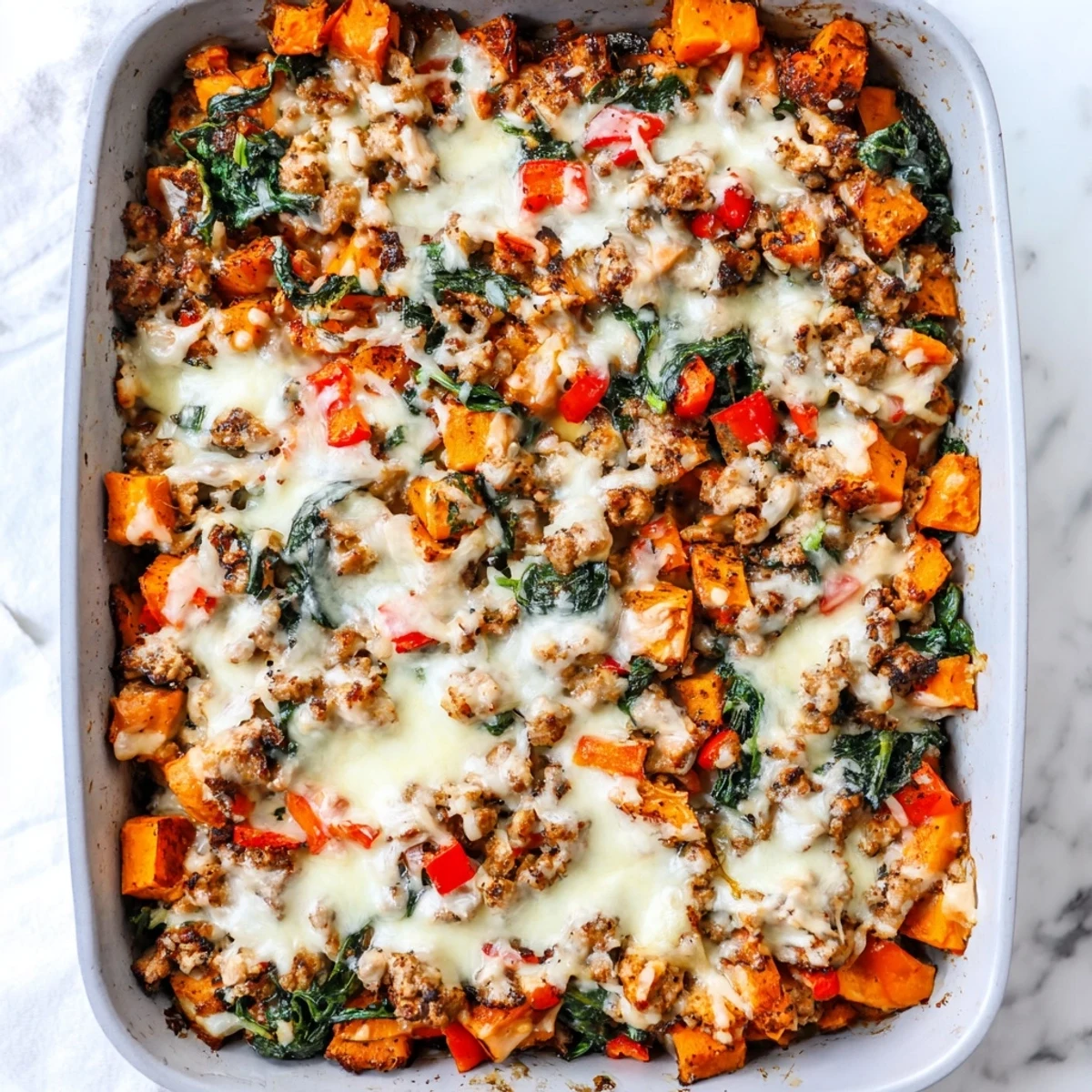 Fresh from the oven, the Ground Turkey Sweet Potato Bake displays a golden, cheesy crust with steam rising from the hearty filling.