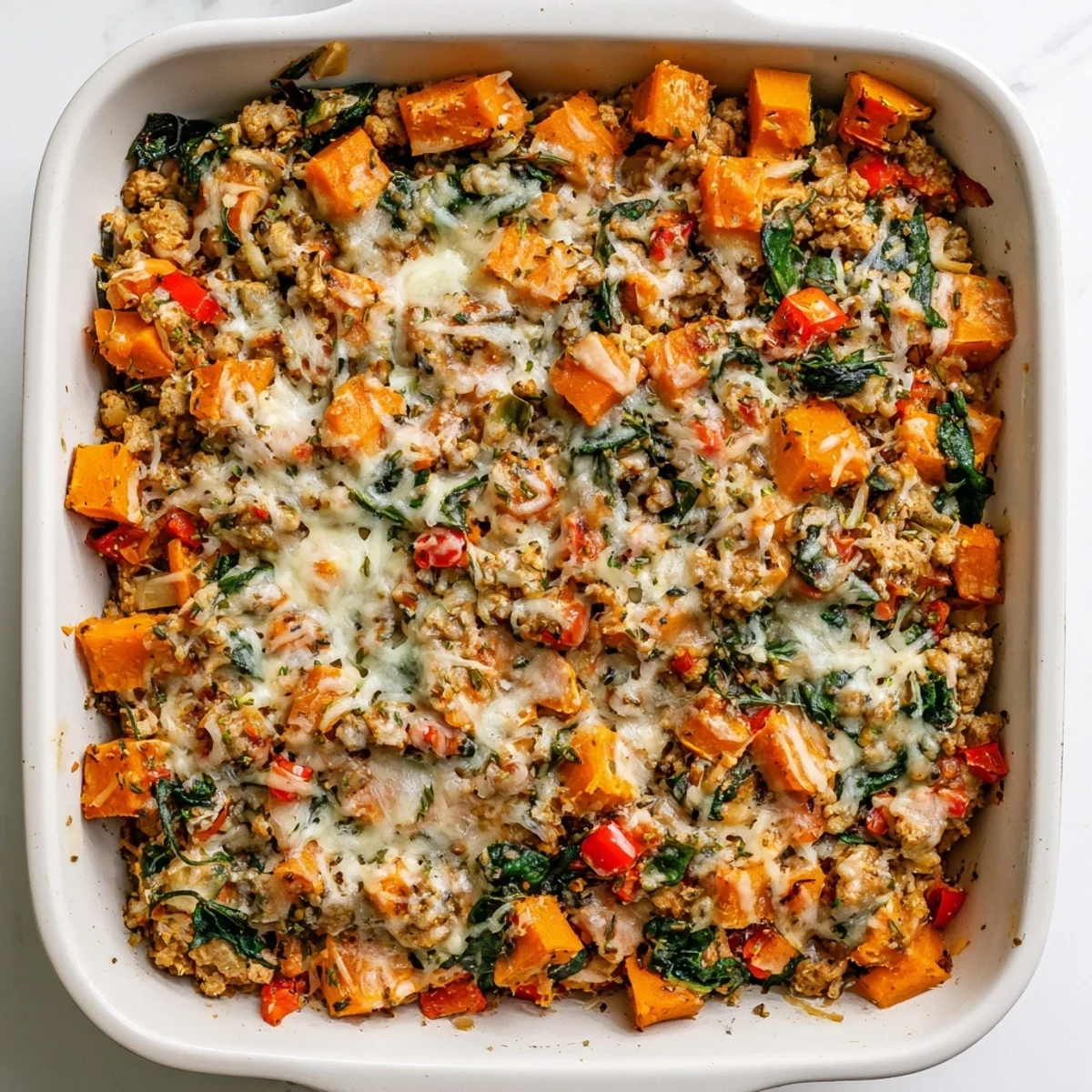 A close-up of the freshly baked Ground Turkey Sweet Potato Bake reveals tender sweet potato chunks and savory turkey peeking through melted cheese.  