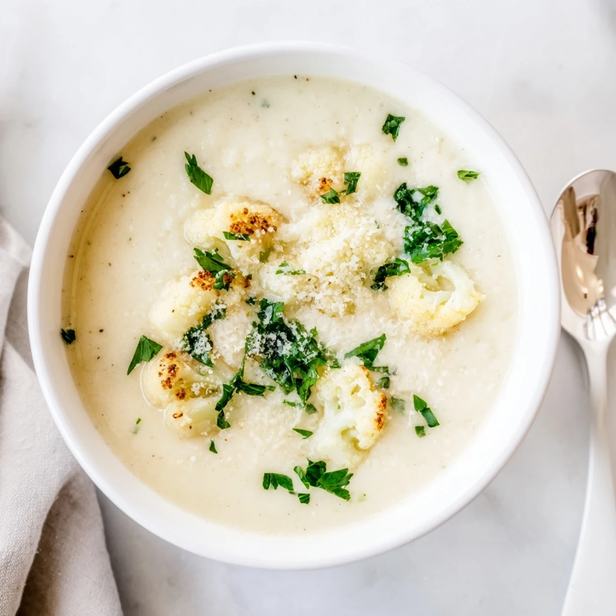 Roasted cauliflower florets and golden garlic bulb atop a baking sheet before being blended into creamy Asiago Roasted Garlic Cauliflower Soup.