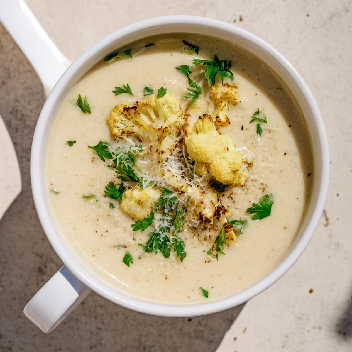 The ladle lifts a rich portion of Asiago Roasted Garlic Cauliflower Soup, revealing its velvety texture and comforting warmth.