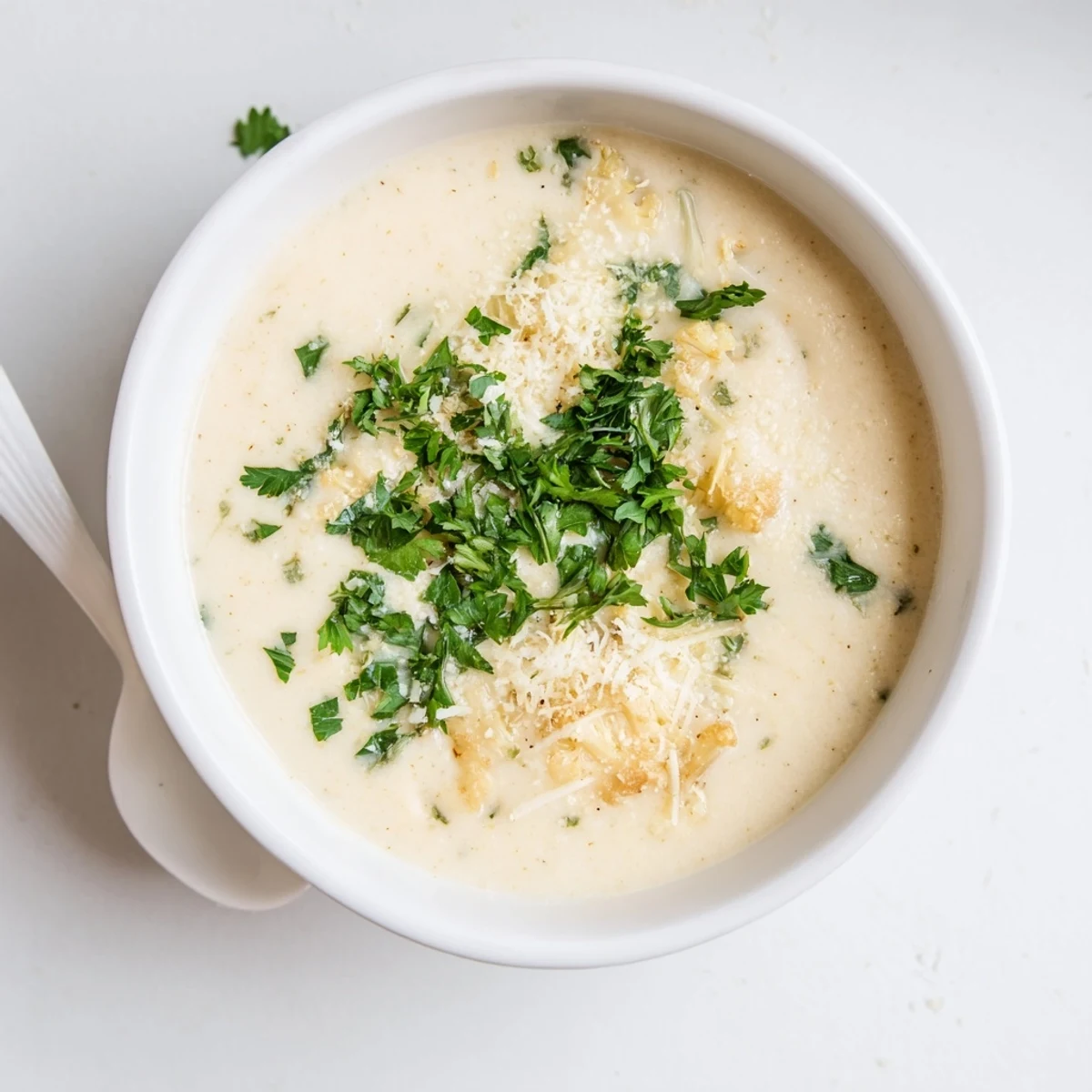 A steaming bowl of Asiago Roasted Garlic Cauliflower Soup garnished with fresh parsley and a sprinkle of extra cheese, ready to serve.