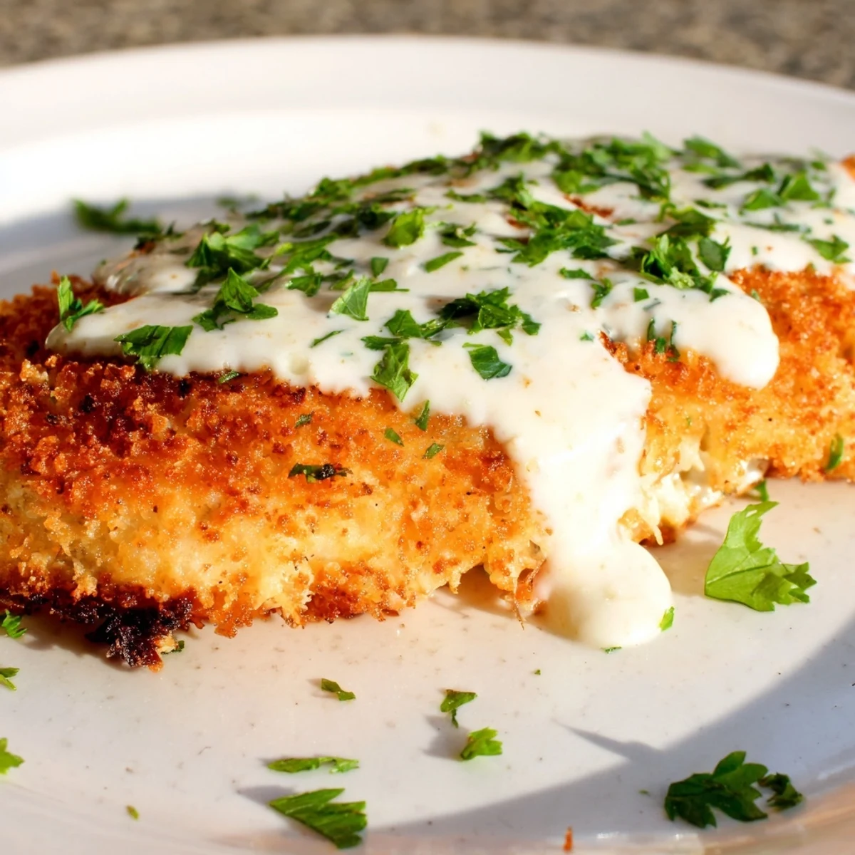 A close-up of Longhorn Steakhouse Parmesan Crusted Chicken on a white plate with a side of mashed potatoes, showcasing the golden, crispy crust.