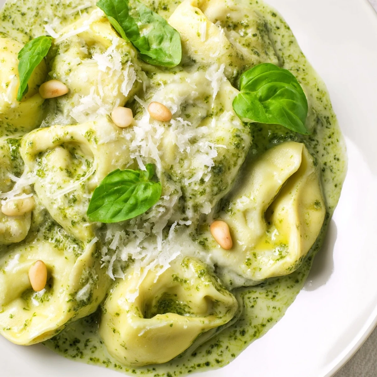 Cheese tortellini coated in creamy Alfredo and pesto, garnished with fresh basil and pine nuts.
