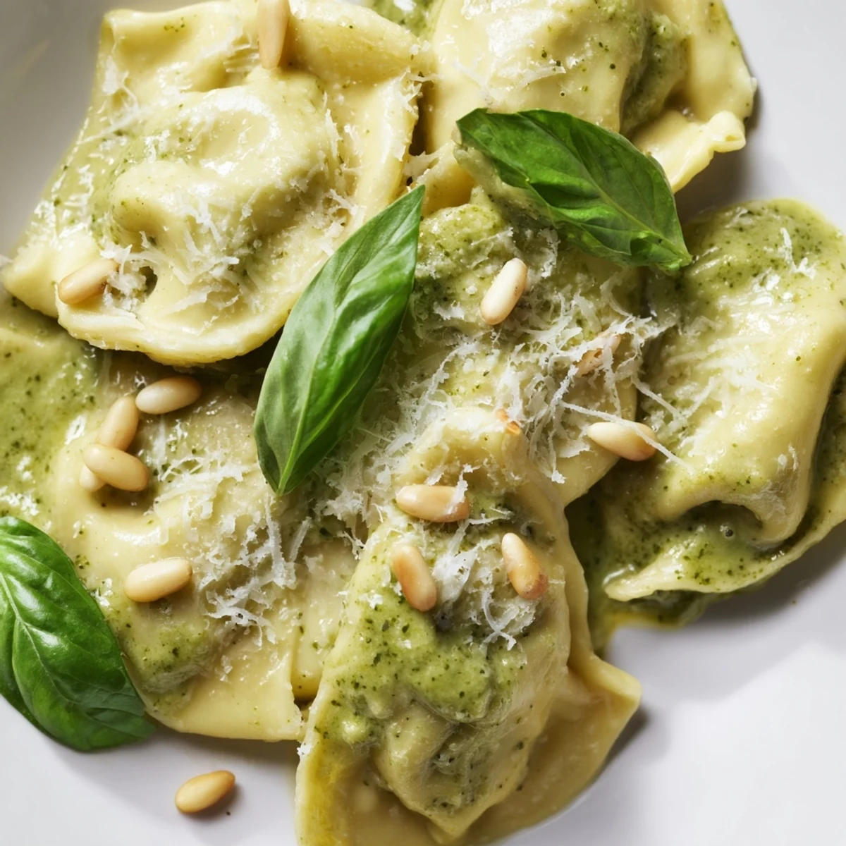 A plate of Pesto Alfredo Tortellini ready to serve, perfect for a comforting Italian-American dinner.