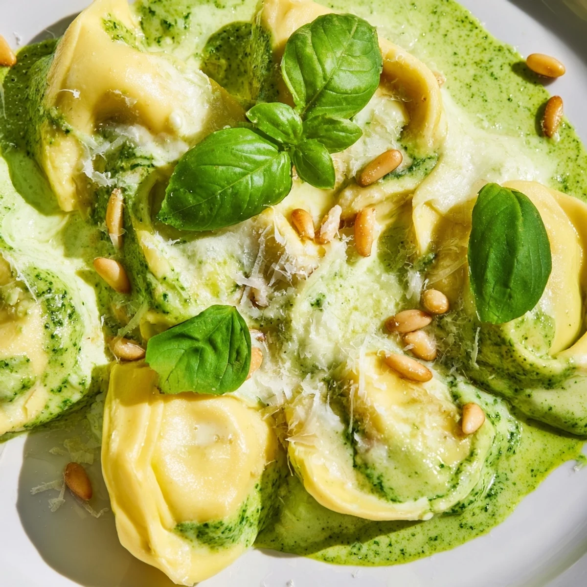Rich basil pesto and Parmesan Alfredo sauce cling to cheese tortellini in this decadent pasta dish.