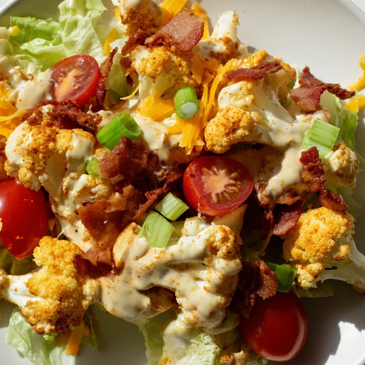 Golden roasted cauliflower florets, crispy bacon crumbles, and juicy cherry tomatoes tossed in creamy dressing for this BLT Cauliflower Salad.