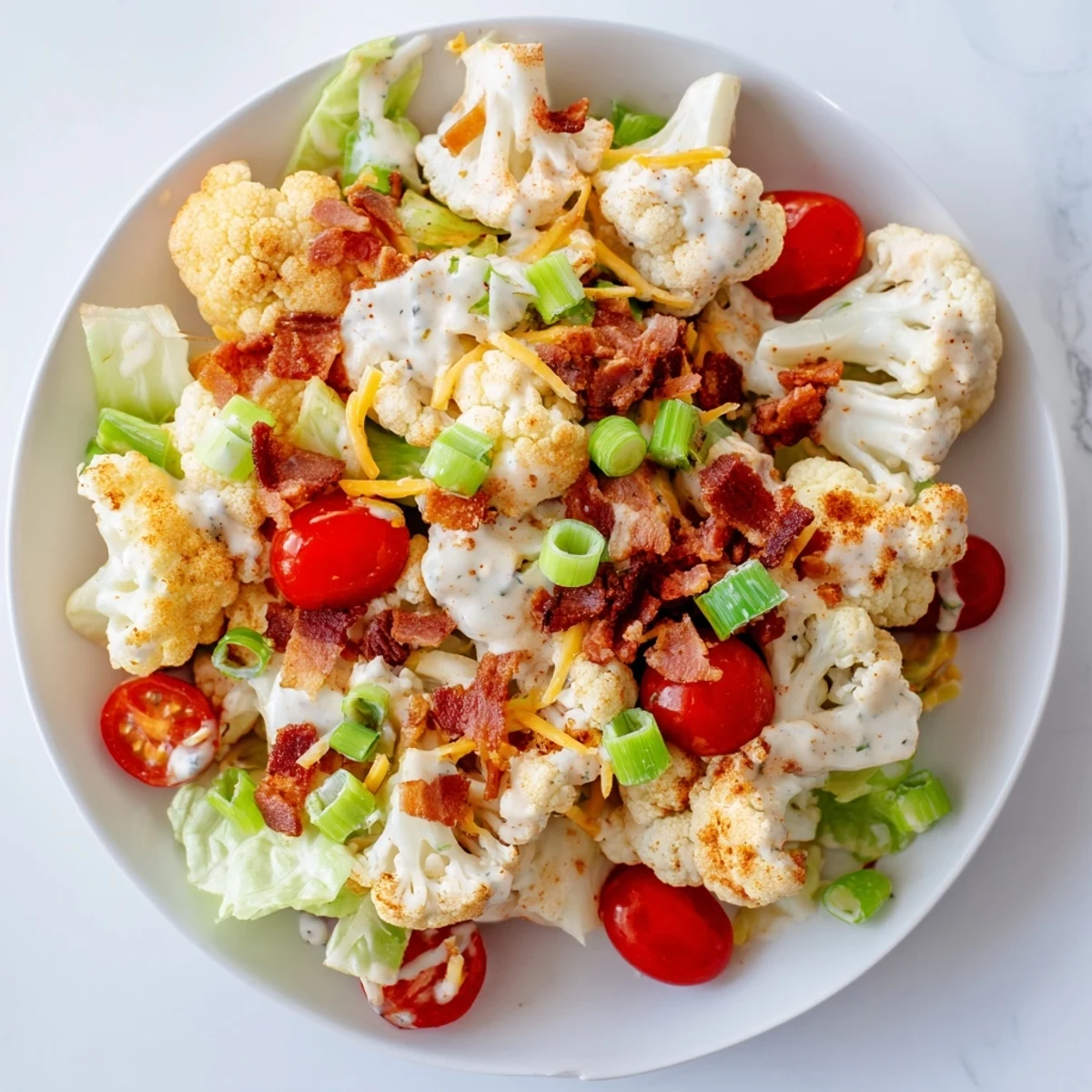 BLT Cauliflower Salad served in a rustic bowl with fresh romaine lettuce, green onions, and optional shredded cheddar cheese.
