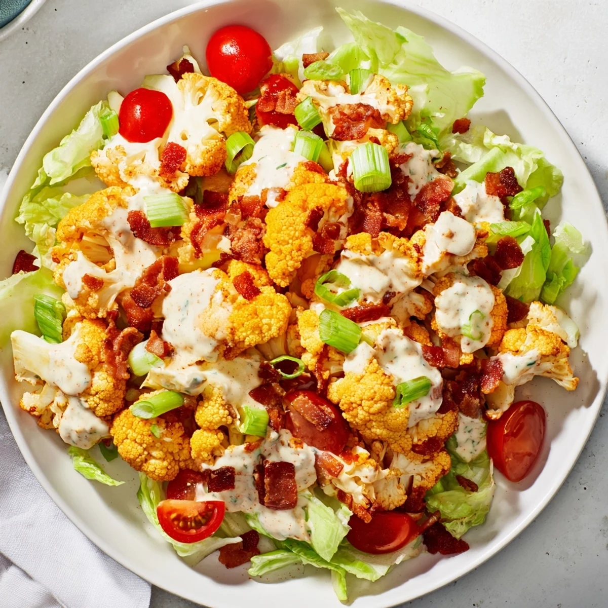 A close-up of BLT Cauliflower Salad highlights smoky paprika dressing on cauliflower, tomatoes, and bacon, perfect for a healthy American side dish.