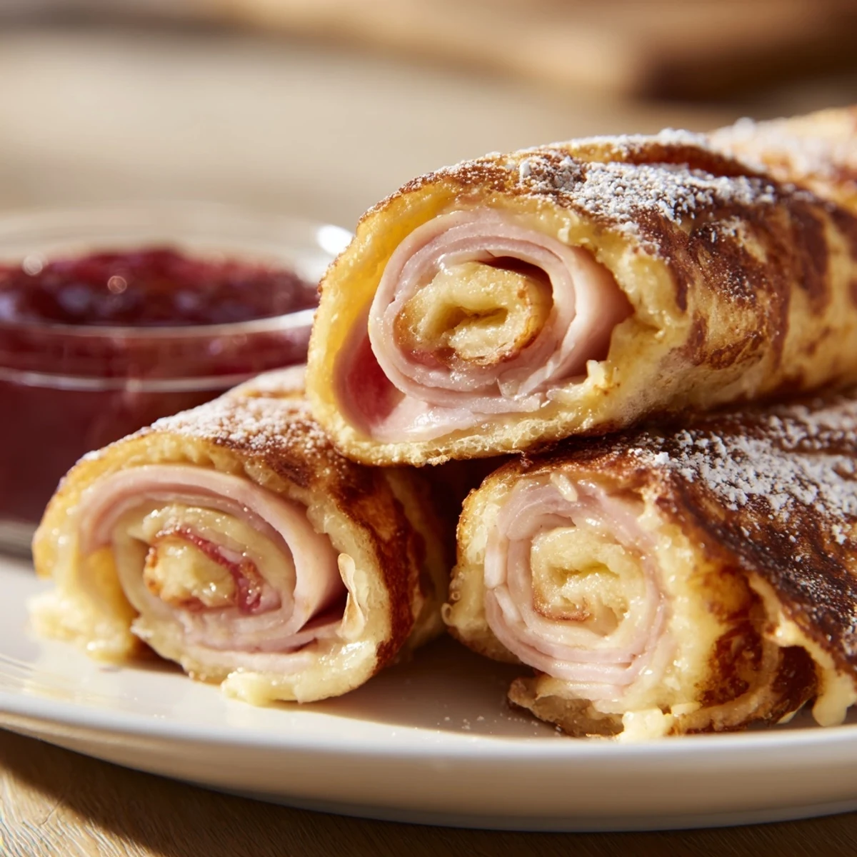 Golden-brown Monte Cristo Roll Ups, dusted with powdered sugar, on a white plate with raspberry jam for dipping.