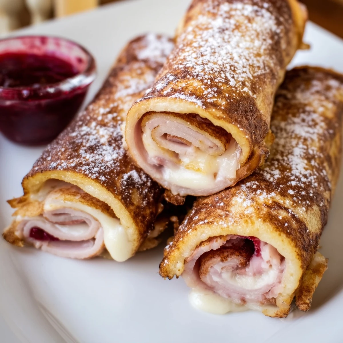 Stack of Monte Cristo Roll Ups with melted Swiss cheese, ham, and turkey, ready for a brunch snack.
