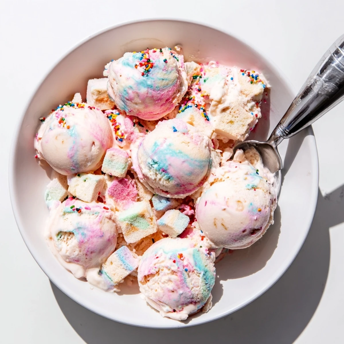 A scoop of No Churn Bubblegum Ice Cream in a colorful bowl, topped with extra bubblegum candy pieces and sprinkles for a fun, nostalgic dessert.