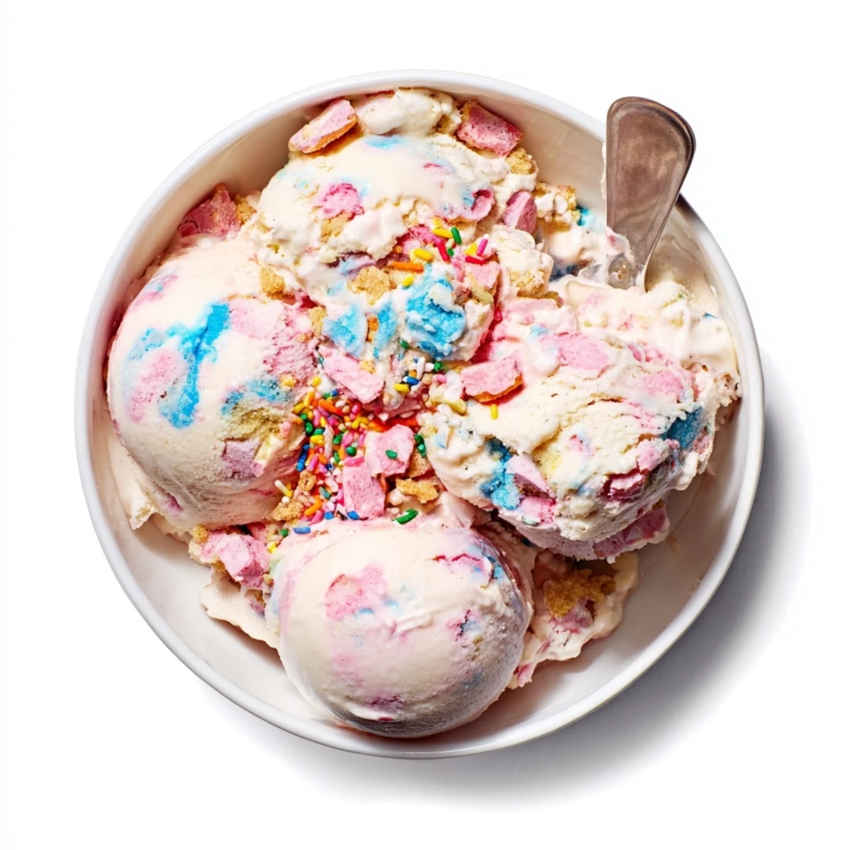 No Churn Bubblegum Ice Cream with bright pink swirls and chopped candy, served in a loaf pan ready to scoop for a sweet summer treat.