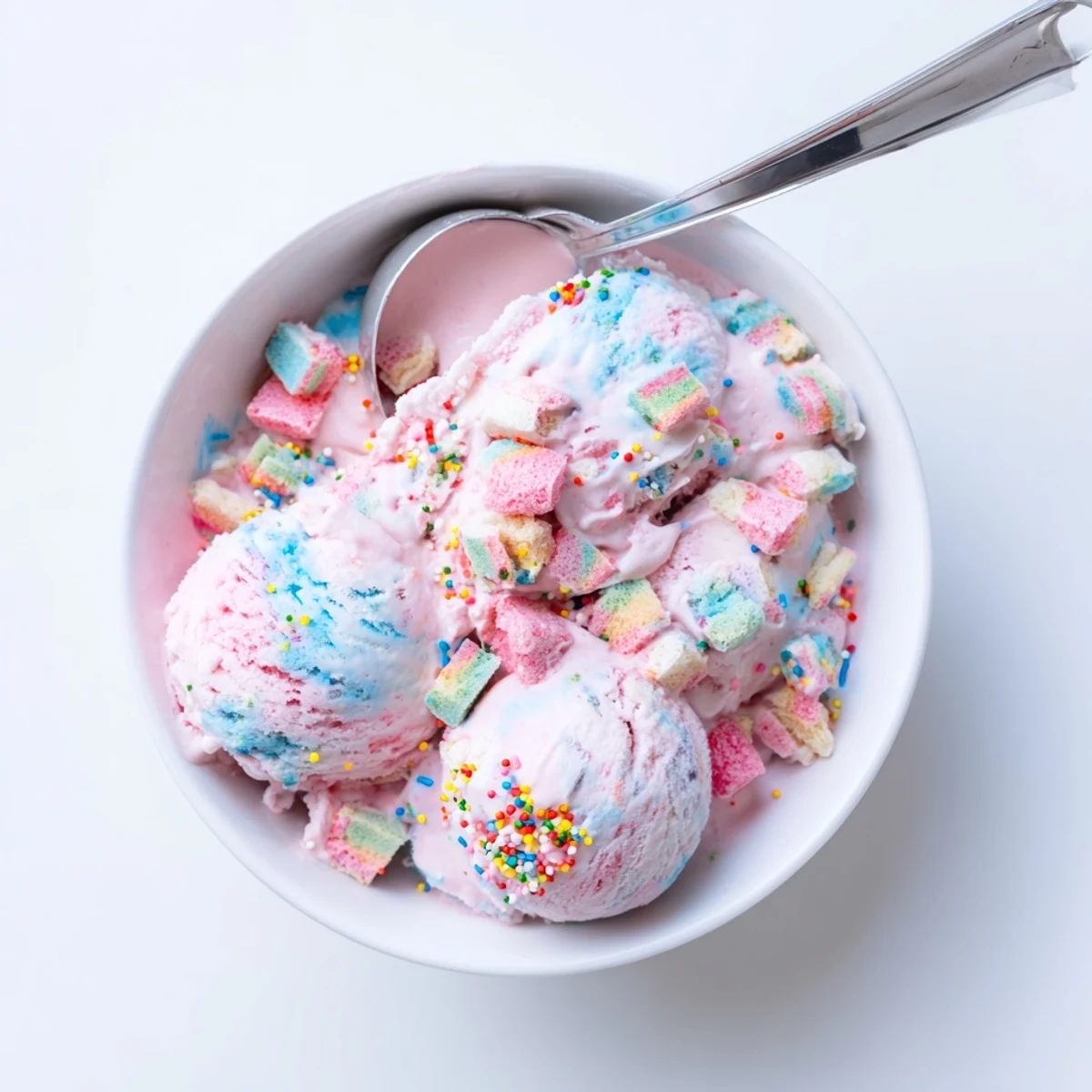 Creamy No Churn Bubblegum Ice Cream in a clear glass dish, showing a smooth pink texture and candy garnish, perfect for a kid-friendly dessert.