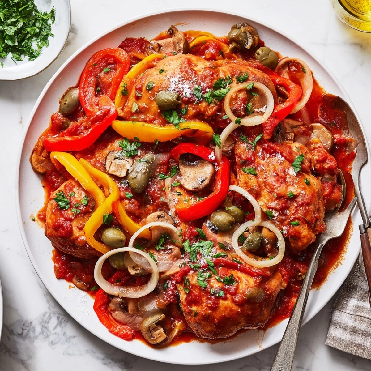 Garnished Slow Cooker Chicken Cacciatore served over creamy polenta with fresh parsley on a rustic table.