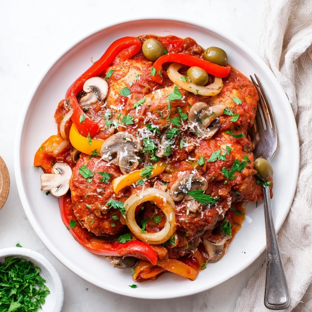 Tender Slow Cooker Chicken Cacciatore simmering in a rich tomato and pepper sauce in the ceramic insert.