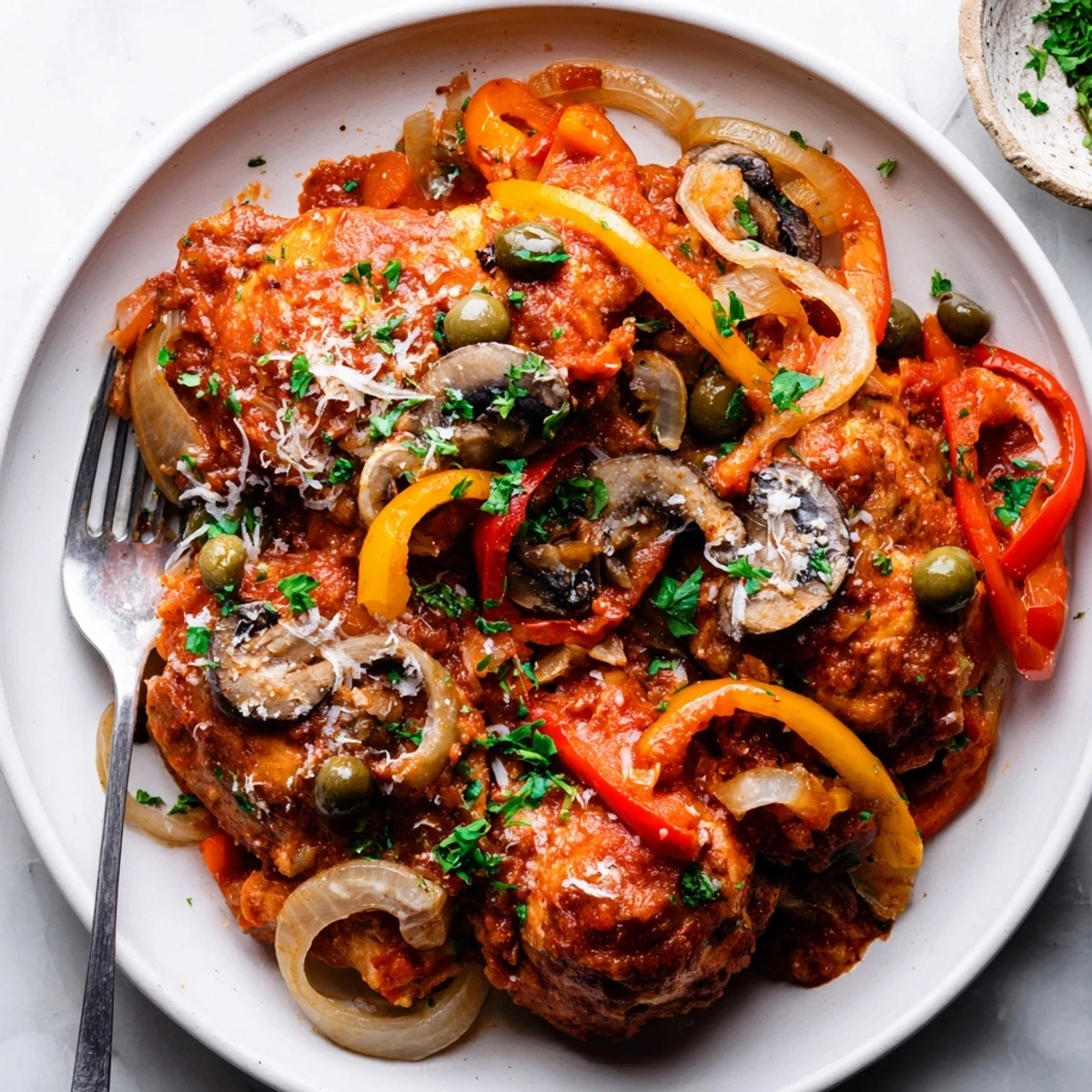 Close-up of Slow Cooker Chicken Cacciatore showing juicy chicken thighs, olives, and capers in a savory sauce.
