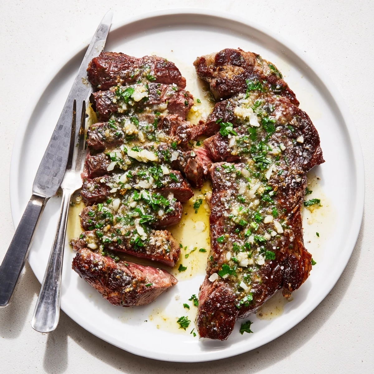 Sliced ribeye steak smothered in creamy garlic sauce, plated with fresh parsley and roasted potatoes for a hearty main dish.