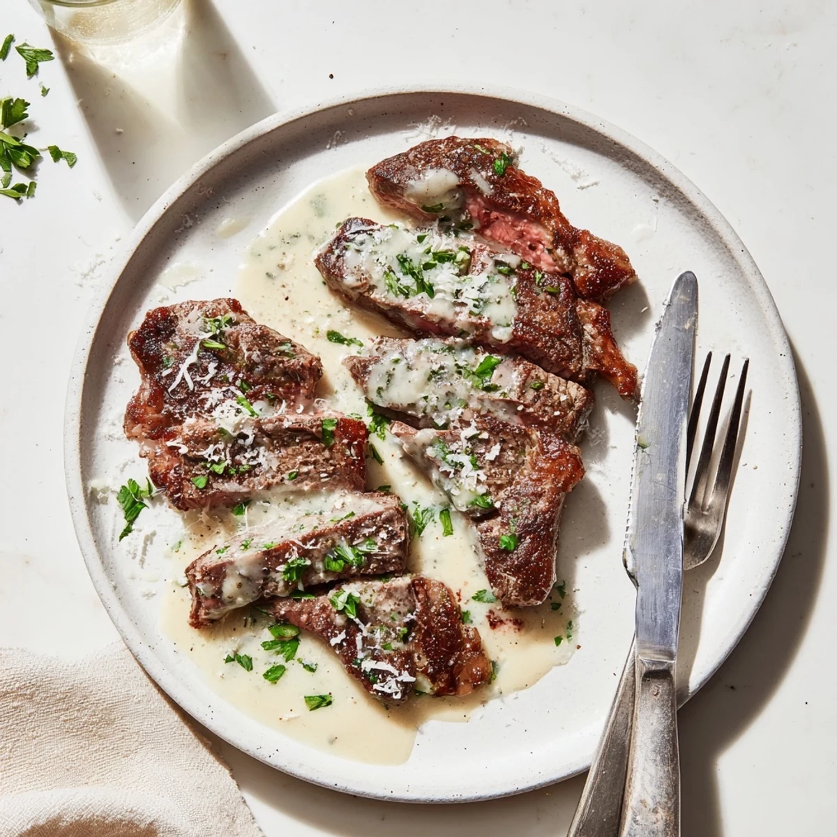 Ribeye steak sliced and topped with warm garlic cream sauce, paired with roasted potatoes and green salad for dinner.