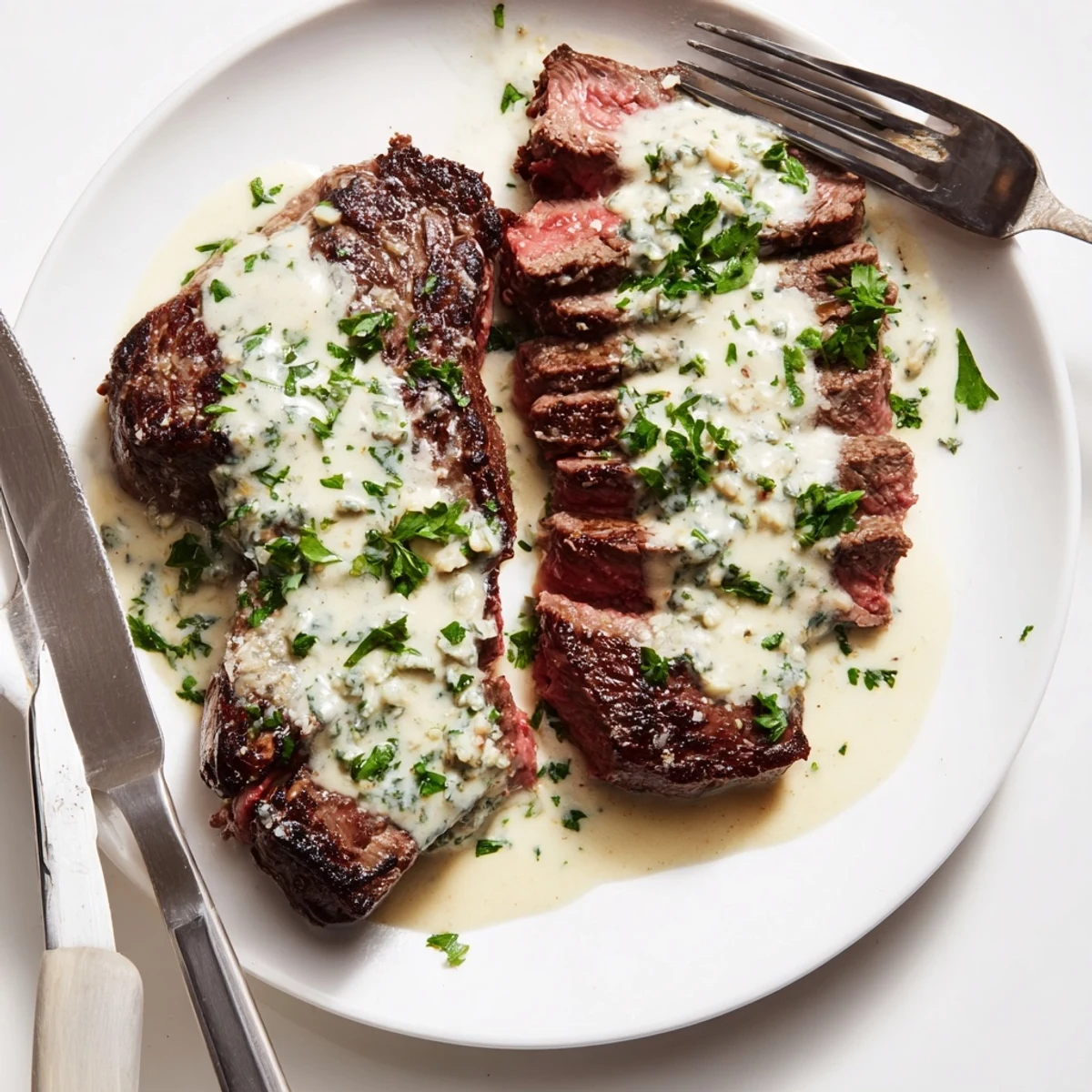 Freshly seared ribeye steak rests under a velvety garlic cream sauce, garnished with parsley and ready to serve.
